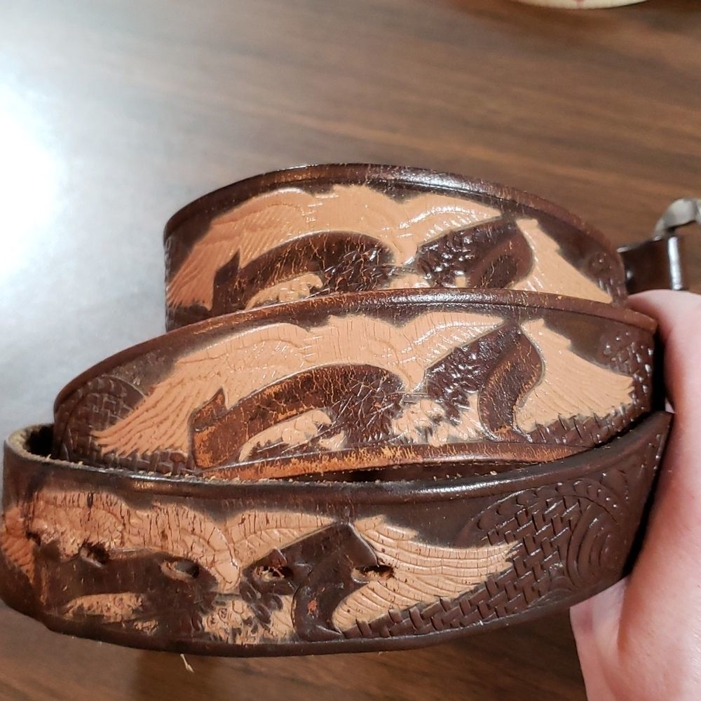 Hand Tooled Vintage Western/Biker Eagle & Banner Leather Belt‎ Silver Buckle 42